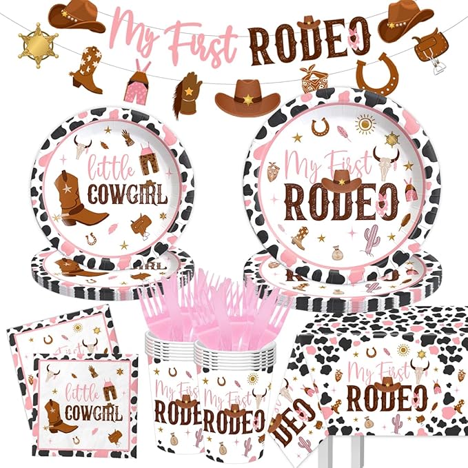 My First Rodeo Birthday Decorations - 142Pcs Western Cowgirl Tableware for 1st Birthday Party Supplies, Pink Baby Shower Dinnerware for Girl