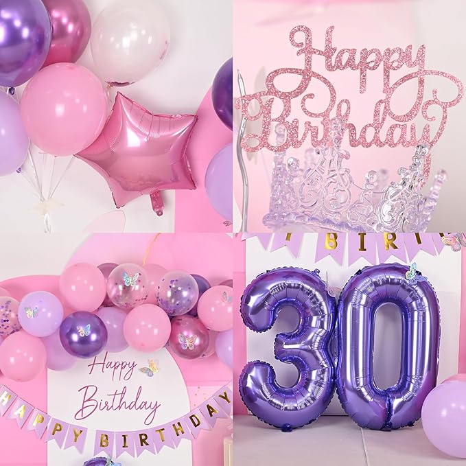 30th Birthday Decorations for Her,Pink Purple 30th Birthday Decorations Butterfly Birthday Decor Happy Birthday Banner Number 30 Balloons Cake Topper Butterfly 30th Party Decorations for Women