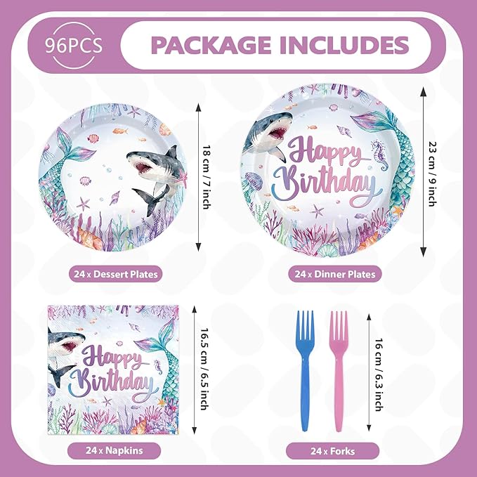 96Pcs Mermaid Shark Happy Birthday Decorations Ocean Sea Plates and Napkins Disposable Mermaid Shark Bday Paper Tableware for Girls Baby Kids Boys Birthday Baby Shower Bday Party Supplies Serves 24