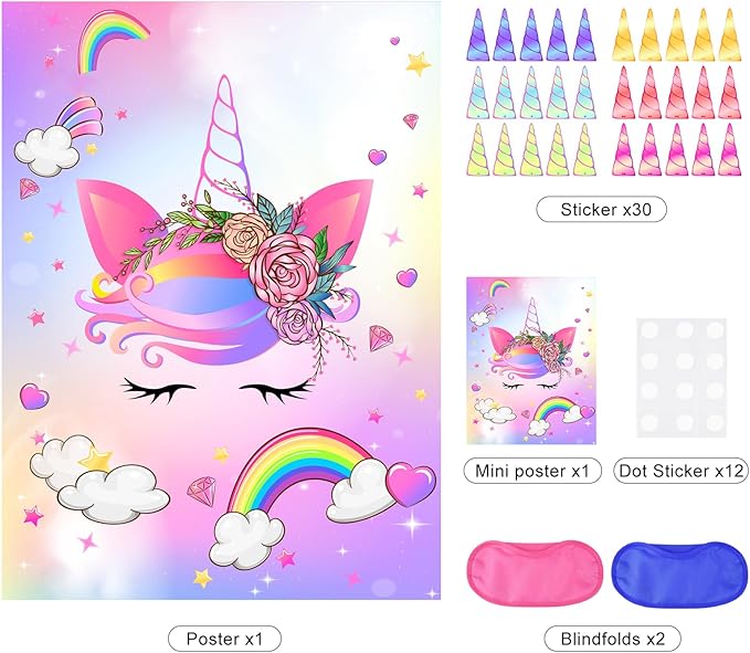 ASTARON Pin The Horn on The Unicorn Game for Kids Birthday Party, Unicorn Party Game with 30 pcs Horn Stickers Birthday Party Supplies for Wall Home Room Decorations