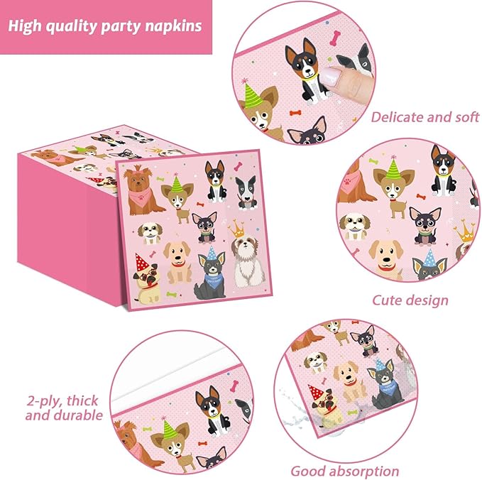 98pcs Dog Birthday Party Decorations Puppy Tableware Set Plates Napkins Pink Dog Theme Tablecloth for Girl Birthday Lets Pawty Party Supplies Kit Pet Dogs Table Cover Dinnerware Paw Print Theme Favors