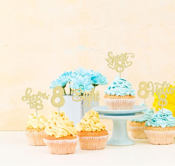 30Pcs 8th Birthday Cupcake Toppers Glitter Eight Hello 8 Cupcake Picks Cheers to 8 Years Old Cake Decorations for 8th Birthday Party Supplies Gold