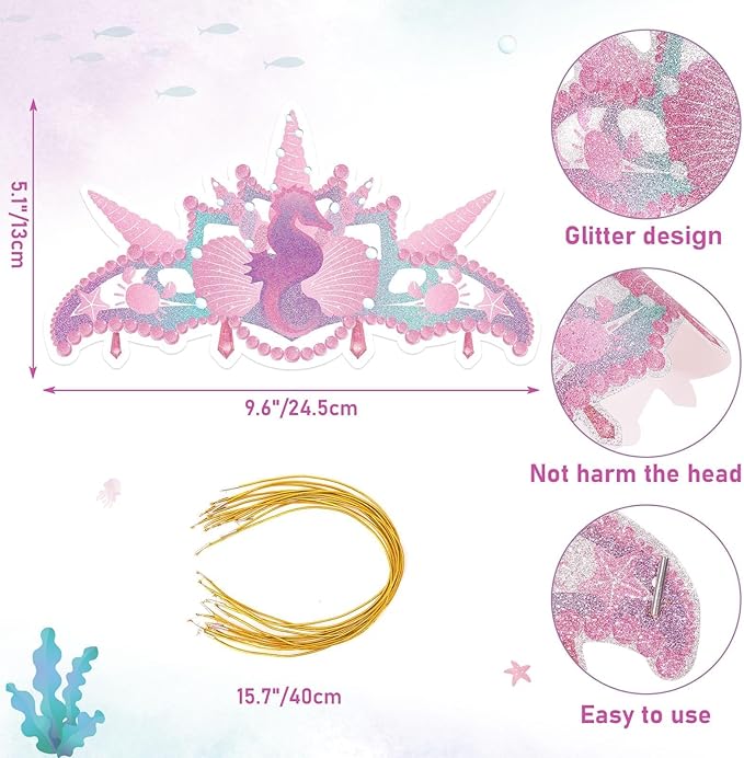 WERNNSAI Mermaid Party Crowns - 12 PCS Mermaid Birthday Party Decoration Glitter Paper Princess Crowns Mermaid Party Hats for Under The Sea Party Favor Supplies