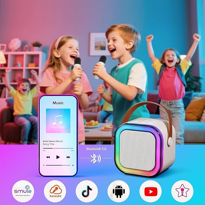 Mini Karaoke Machine for Kids with 2 Wireless Microphones and Lights, Bluetooth Connect Phone to Sing, 4-12+ Year Old Girl Boy Birthday Gifts, Teen Girl Gifts Trendy Stuff