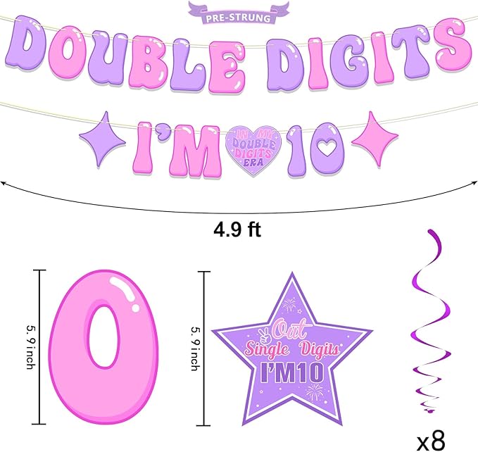 Pre-Strung 10th Birthday Decorations for Girls, NO DIY Double Digits I’M 10 Banner, Cheers to 10 Year Party Supplies, Hanging Swirls