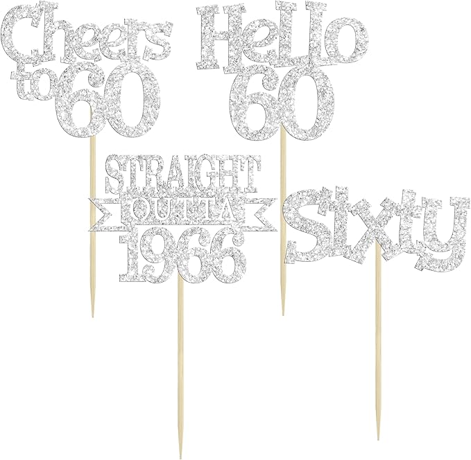 Ephlyn 24Pcs Happy 60th Birthday Cupcake Toppers Glitter Straight Outta 1966 Cupcake Picks Hello 60 Cheers to 60 Years Birthday Cake Decorations for 60th Birthday Anniversary Party Supplies Silver