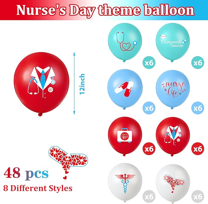 Skylety 48 Pieces Nurse Balloons 12 Inch Congrats Nursing Latex Balloons Bulk Party Decoration Supplies Nursing School Graduation Decoration for Happy Nurse Week Cna(Red, Blue and White)