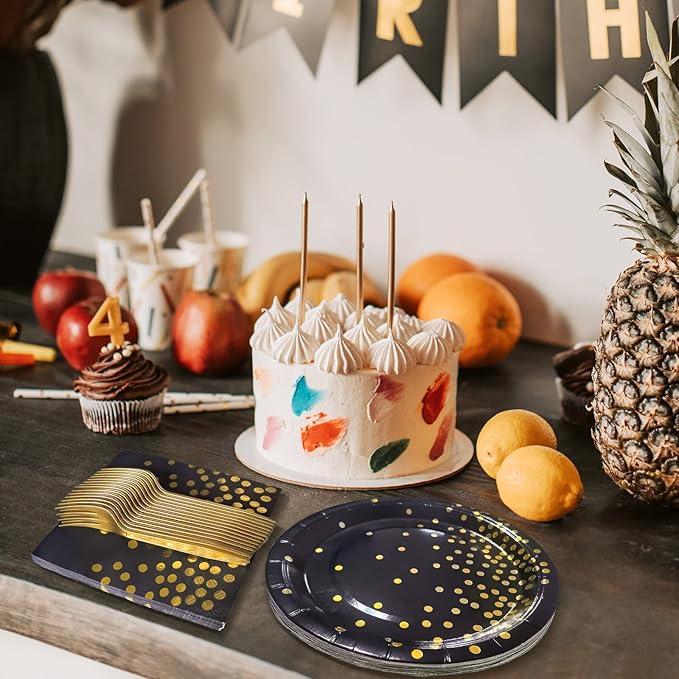 Black and Gold Party Supplies,Black Paper Dessert Plates,100 Pack - 50 x 9 and 50 x 7 Dinner Plates,Disposable Dinnerware Gold Dot Paper Plate for Birthday Retirement Anniversary Party