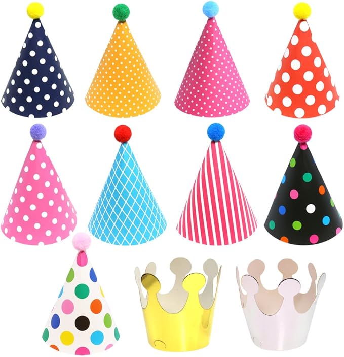 Party Hats for Kids Birthday Hats, DIY Mini Cone and Crown Set with Pom Poms, Small Paper Caps for Stuffed Animals, Pets or Toddler Decorations, Assorted Rainbow Colors