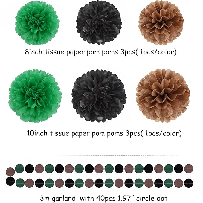 Green Black Brown Party Decorations - 23pcs Tissue Pom Poms Streamers,Football Woodland Baby Bridal Shower Tassel Garland Banner,Superbowl Birthday Hunting Camp Forest Jungle Decor Backdrop Ouruola