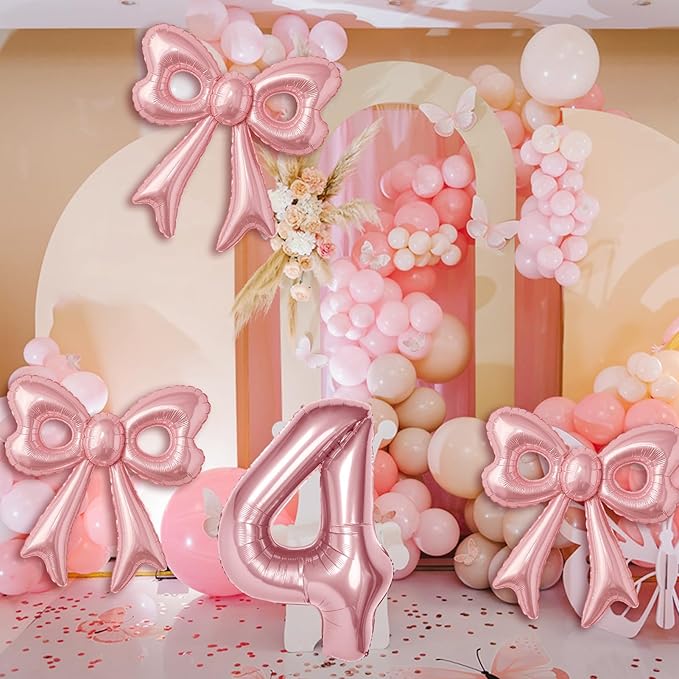 Bow Number 4 Birthday Balloons, 40" Pink Aluminum Foil Balloons Happy Birthday Balloon for Girl 4th Birthday Party, Princess, Coquette Party Decorations Supplies