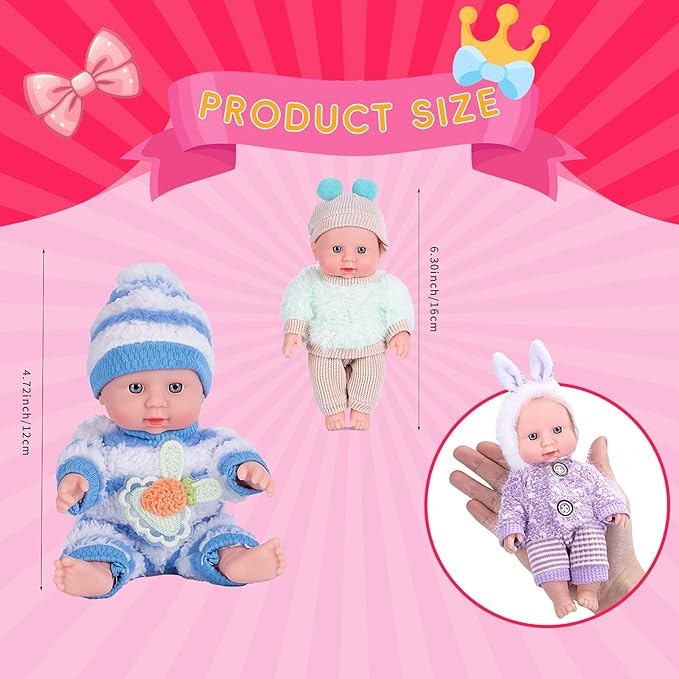 4 Pcs 7 Inch Baby Doll Playset with 4 Adorable Clothes, Mini Reborn Baby Dolls Nursery Toys for Toddlers Girls Kids 3+
