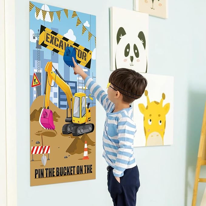 Hxezoc Pin The Bucket on The Excavator Game With 32 Pcs Buckets Large Construction Party Games Poster for Kids Birthday Party Construction Party Supplies