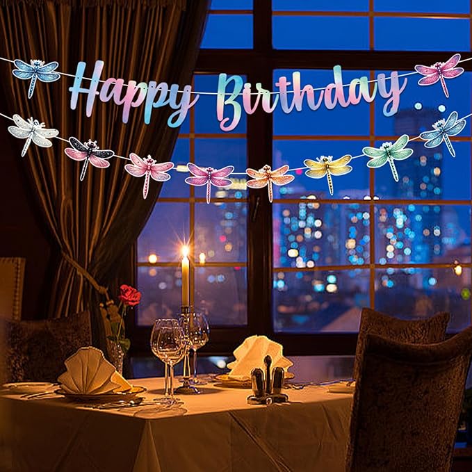 Zwiebeco Dragonfly Happy Birthday Banner Iridescent Insect Sign Hanging Paper Birthday Party Decorations for Girls Boys Kids Woodland Garden Accessories Party Supplies