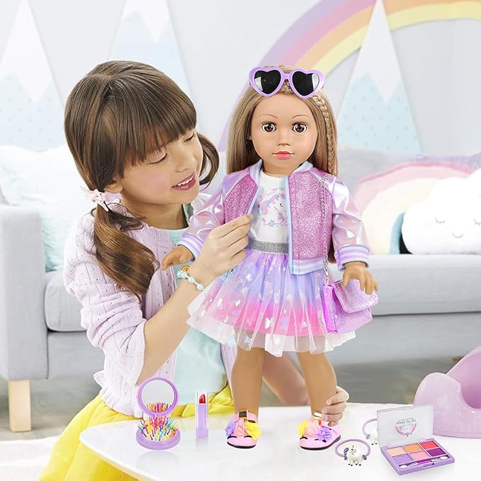 American 18 Inch Doll Makeup Accessories and Clothes Set Includes 18 Inch Doll Clothes and Shoes Bag Makeup Brush Set Foldable Haircomb Eyeshadow Lipstick Bow Hair Clip Sunglasses Hair Rope（No Dolls）