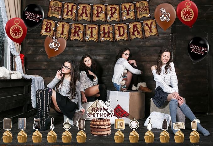 Escape Room Birthday Party Decorations Mystery Escape Room Party Supplies Includes Happy Birthday Banner Cake Topper Cupcake Toppers Balloons