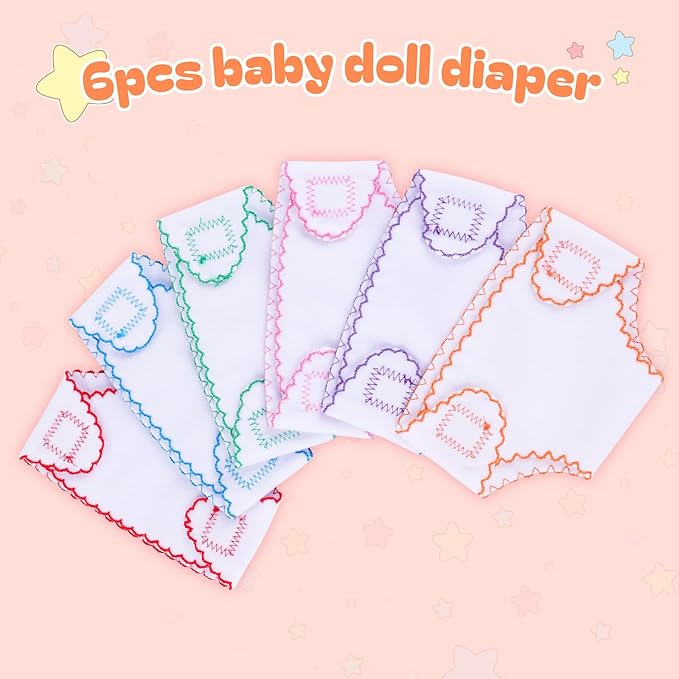BABESIDE 6 Pcs Baby Doll Diapers for 12-15 Inch Dolls, Reusable & Washable Doll Underwear Fits Baby Dolls, Pretend Play Accessories for Girls