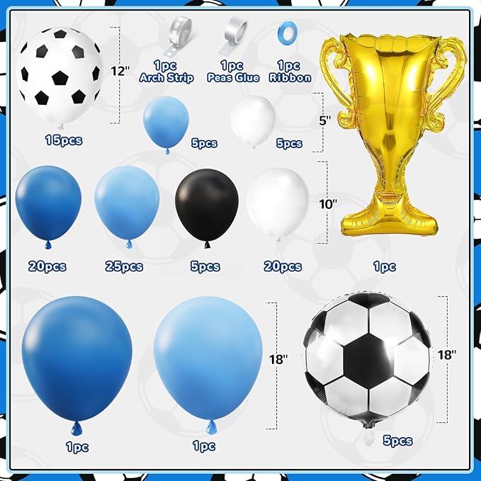 Soccer Balloon Garland Arch Kit, 103Pcs 18 12 10 5inch Blue White Soccer Balloons with 18inch Football Foil Balloons for Sports Theme Soccer Party Decorations