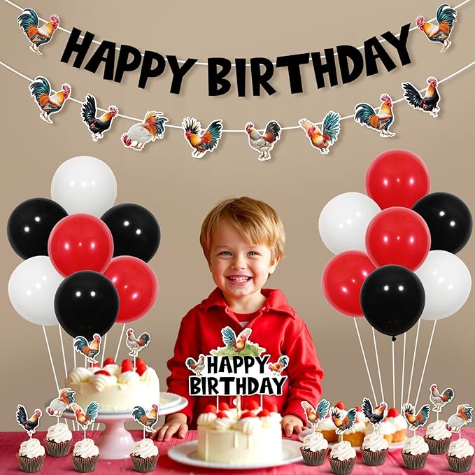 JOYMEMO Rooster Birthday Party Decorations, Rooster Happy Birthday Banner Garland with Cake Topper Cupcake Toppers and Balloons, Chicken Farm Backyard Party Supplies