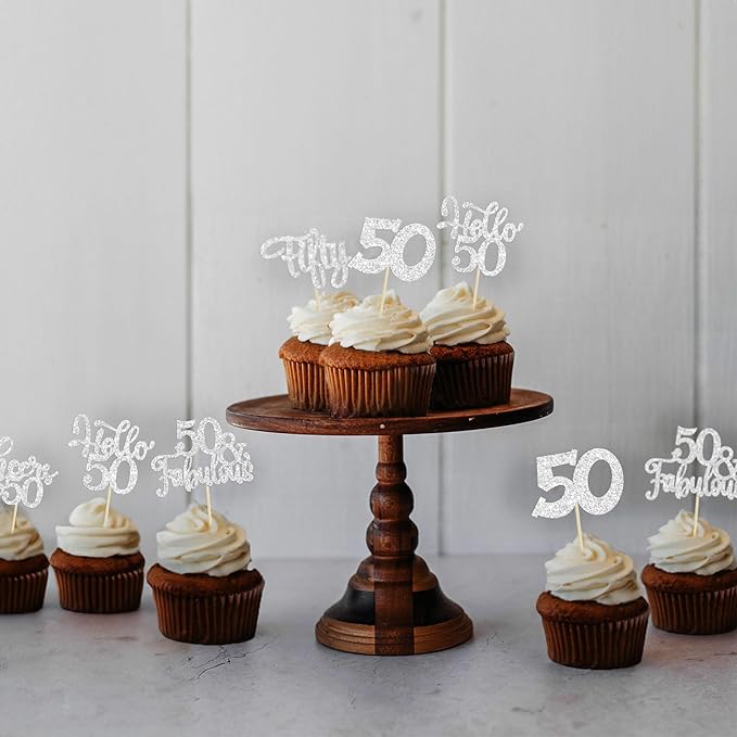 30Pcs Happy 50th Birthday Cupcake Toppers Silver Glitter Fifty Cheers to 50 Years Old Birthday Cupcake Picks for 50th Anniversary Party Cake Decorations Supplies