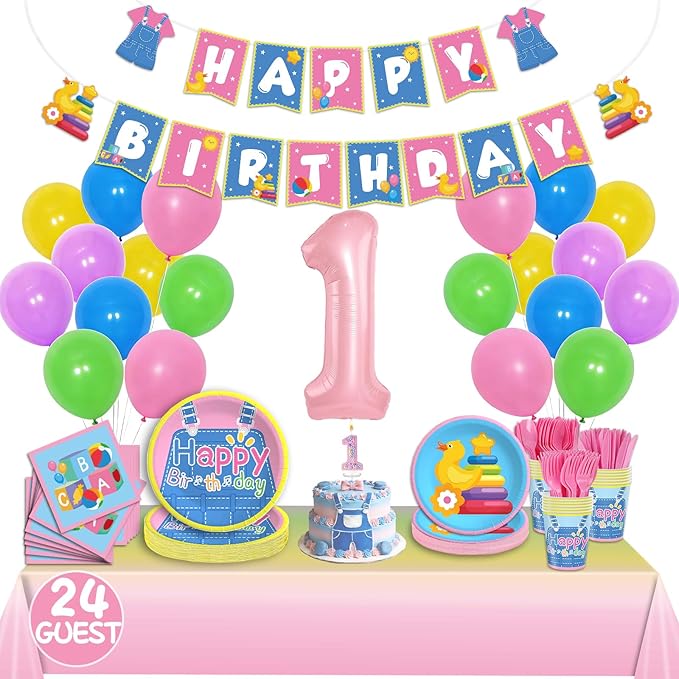 English Teacher Party Supplies, Fufuddz Rainbow Birthday Decorations Cartoon Teacher Party Plates and Napkins for Girls Boys 1st Birthday Banner Balloons Tablecloth Candle, Tableware Set for 24 Guests