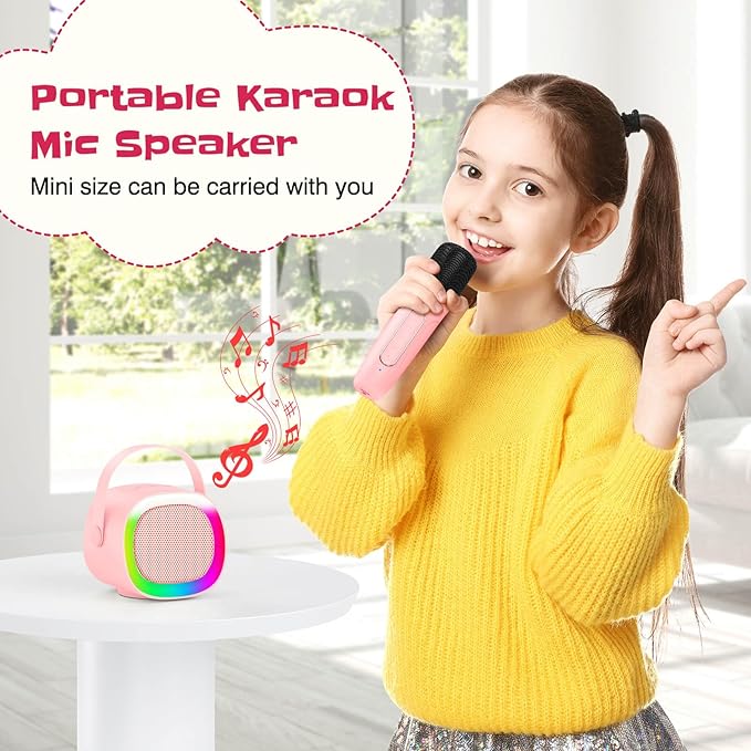 LENRUE Karaoke Machine for Kids, Birthday Gifts for Girls Boys Teens with Wireless Microphone, Colored Lights, Trendy Stuff Gifts for 3, 4, 5, 6, 7, 8, 9, 10 +Year Old (ProPink 2Mic)