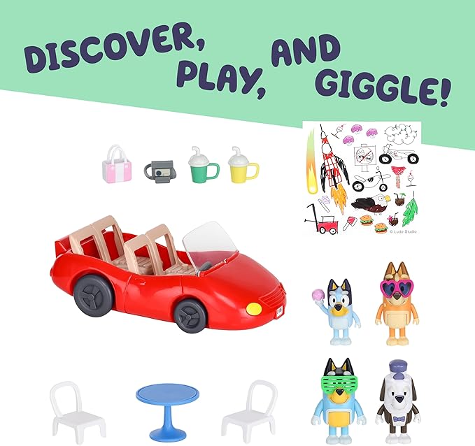 Bluey Escape Convertible Vehicle Figurines Pack of 4, Robust Toddler Toy Car with 9 Accessories and Stickers, Immersive Car Toys for Kids Ages 3+