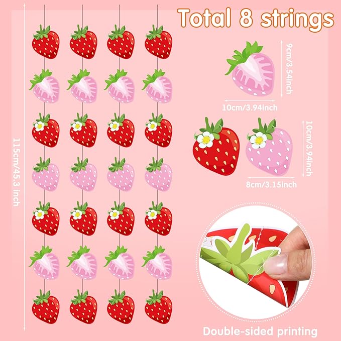 Duraaamo 8 Pack Strawberry Party Banner Decoration Summer Paper Garland Strawberry Paper Hanging Cutout Banners for Baby Shower Party Supplies Decor