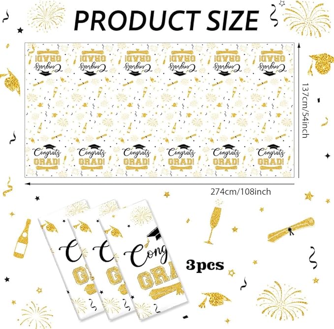 3 Pcs Graduation Tablecloth Decorations White Gold Congrats Grad Disposable Table Cover Class of 2026 Graduation Plastic Tablecloth Table Cover Decorations 108 x 54 Inch
