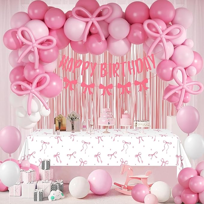 6Pcs Coquette Party Tablecloths Decorations,Pink Bow Plastic Table Cover Disposable Rectangle Table Cloth for Girls Birthday Bridal Wedding Party Supplies,54x108 Inch