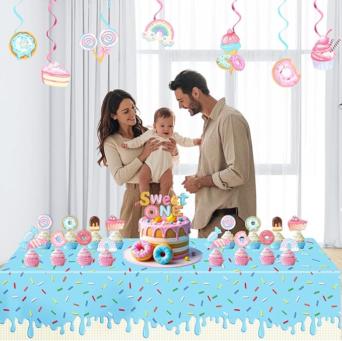 4 Pack Ice Cream Tablecloth, Ice Cream Birthday Party Decorations, Sprinkle Donut Table Cover for Girls Sweet One Birthday Party Decorations, 54 X 108 Inch