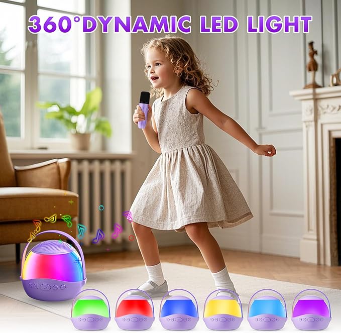 Mini Karaoke Machine Gifts for Kids Adults, Portable Karaoke Speaker with 2 Wireless Microphones, Kids Microphone with Speaker and LED Light, Birthday Gifts for Girls Boys 3-12+ Year Old (Purple)