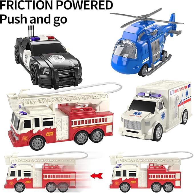 TEMI 4 Pack Emergency Vehicle Toys for Kids 3 4 5 6 7 8 Years Old, Helicopter, Police Car, Fire Truck, Ambulance Friction Powered Toys for Toddlers, Gifts for Age 3-12 Boys Girls