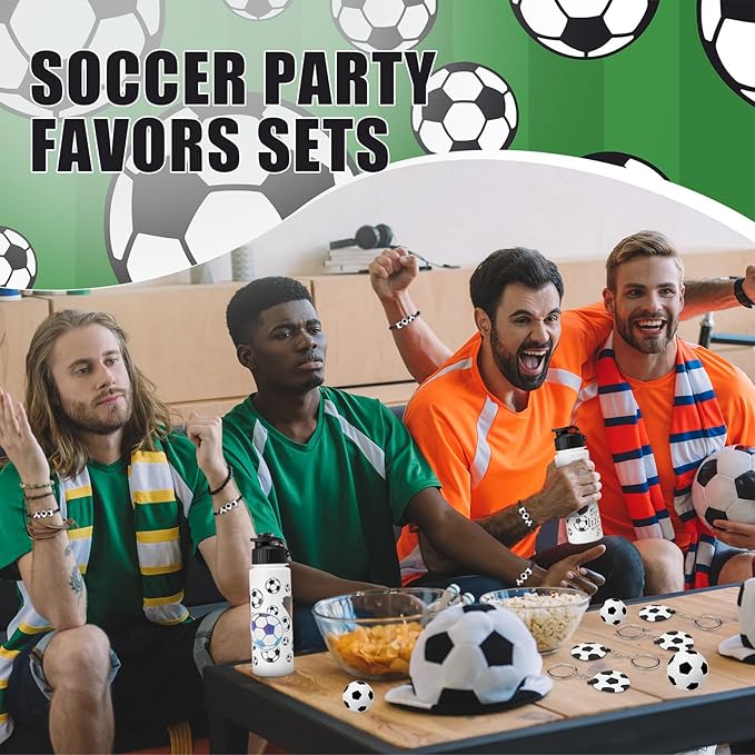 LemonRoad 164 Pcs Sports Party Favors Set 16 Plastic Cups 16 Charm Bracelets 16 Keychains 16 Mini Foam Stress Balls 100 Stickers for Sports Party Supplies(Soccer)