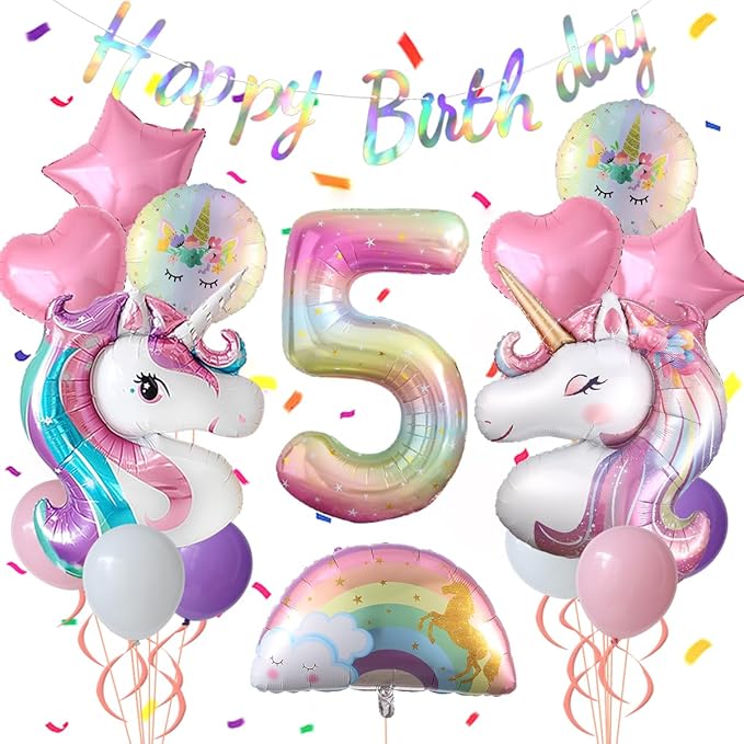 Unicorn 5th Birthday Party Decorations for Girl Purple Pink Theme Balloon Set, Large Rainbow Unicorn Helium Balloons with Heart and Star Baby Shower Kids Supplies (number 5 set)