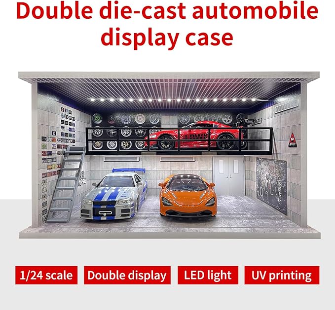 1:24 Scale Die-cast Model Car Display Case with Parking Lot Scene for Jada and Lego Collectors, Diorama Garage for Alloy Sport Car Model Toy with USB Lights and Acrylic Cover, 4 Parking Spaces