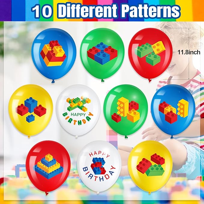 60 Pieces Building Blocks Birthday Party Balloons,brick Themed Latex Building Balloons Blocks Decorations for Kids Toddlers Birthday Party Supplies Decoration