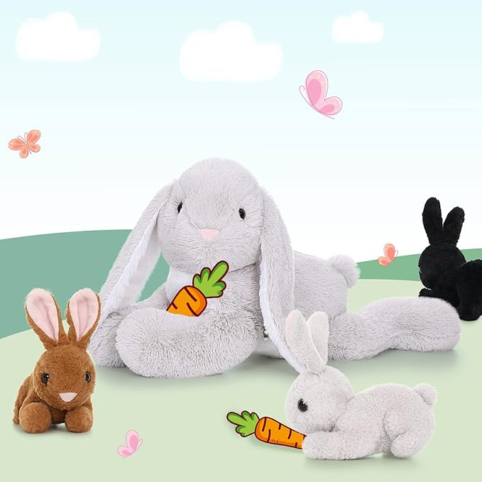 4 Pcs Easter Bunny Stuffed Animal - Large Stuffed Rabbit Plush Toys for Kids - Cuddly Mommy Bunny Surprise with 3 Small Bunnies