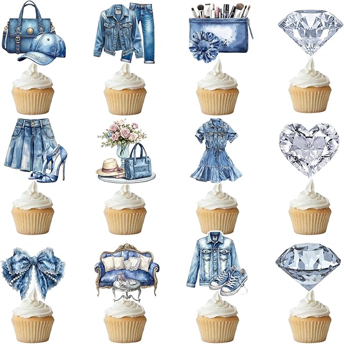 Denim and Diamonds Party Decorations - 24PCS Denim and Diamonds Cupcake Toppers Birthday Decoration Jacket Jeans Cupcake Picks Decor Baby Shower Supplies