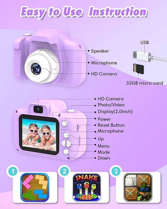 Kids Selfie Camera,Birthday Gifts for Boys Age 3-9,HD Digital Video Cameras for Toddler,Toy for 3 4 5 6 7 9 Year Old Teens with 32GB SD Card,Kids Toys Gifts for Birthday (Purple)
