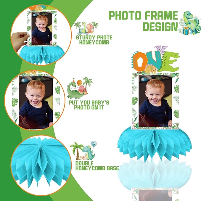 One a Saurus Birthday Decorations, Dinosaur 1st Birthday Party Supplies Honeycomb Centerpiece for Table, Dinosaur First Birthday Party Decorations Boys Photo Table Centerpiece Party Supplies