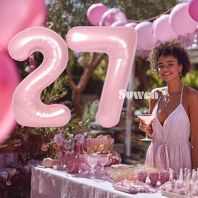 SUWEN 40 Inch Large Pink 27 Balloon Numbers Big Foil Helium Number Balloons 0-9 Jumbo Happy 27th Mylar Birthday Party Decorations for Women 72 Anniversary Party Supplies