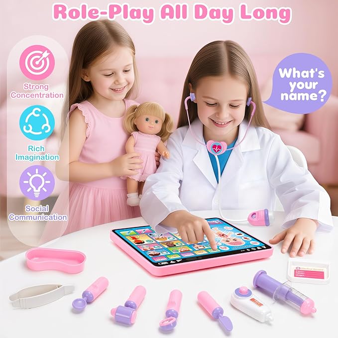 BainGesk Doctor Kit for Girls 3 Years Old, Doctor Tablet with Music & Sound, Pretend Play Doctor Set with Stethoscope, Doctor Dress Up Gifts for Kids Toddlers Ages 3-6 Years Old