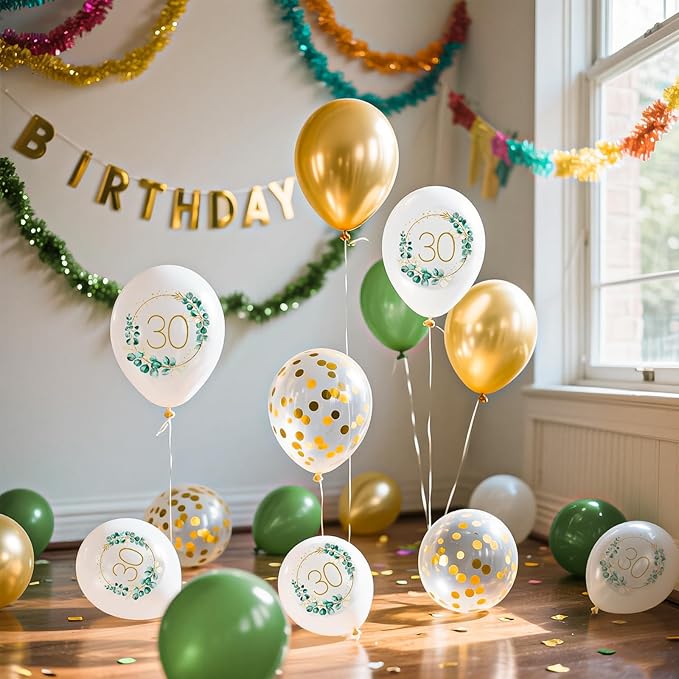 Sage Green Balloons, 14pcs 12inch Sage Green White Metallic Gold Confetti Balloons with Number 18 Printed for Boys Girls Boho 18th Birthday Wedding Bridal Baby Shower Party Decorations