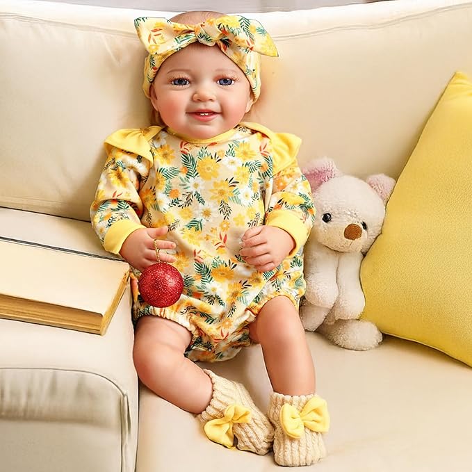 BABESIDE 3 Pcs Reborn Baby Doll Clothes for 17-22 Inch Babydolls, Floral Pattern Babydoll Clothes with Shoes and Headband for Lifelike Reborn Baby Dolls Accessories, Yellow