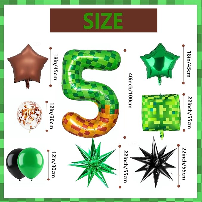 Green Pixel Miner Number 5 Foil Balloon Set 40 Inch Large Mylar Mining Theme Brown 5th Number Balloons Pixel Cubes Boxes Video Game Birthday Party Decorations 10Pcs