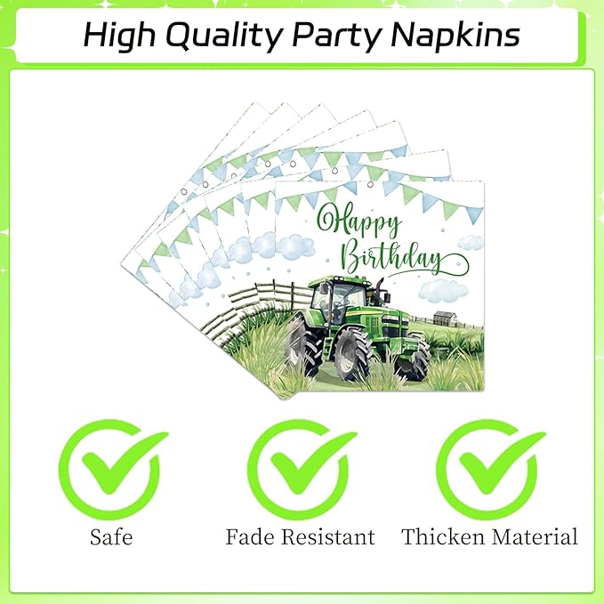 Rakuto Tractor Birthday Party Plates Napkins Tableware Set, Tractor Birthday Party Decorations Supplies for Kids, Disposable Paper Green Farm Dinnerware Party Decor Serves 24