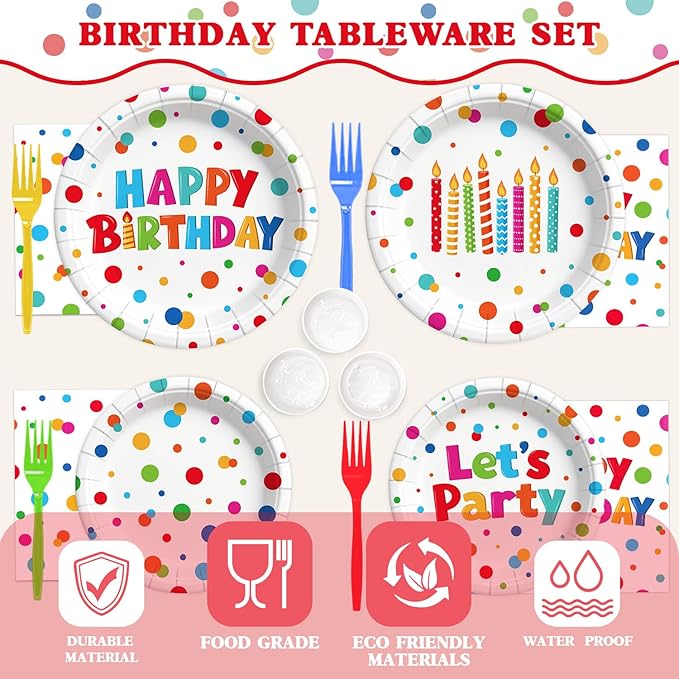 96 Pcs Happy Birthday Paper Plates Tableware Set (Serves 24), Birthday Dots Dots Design Supplies Set Include Plates Napkins Forks for Party