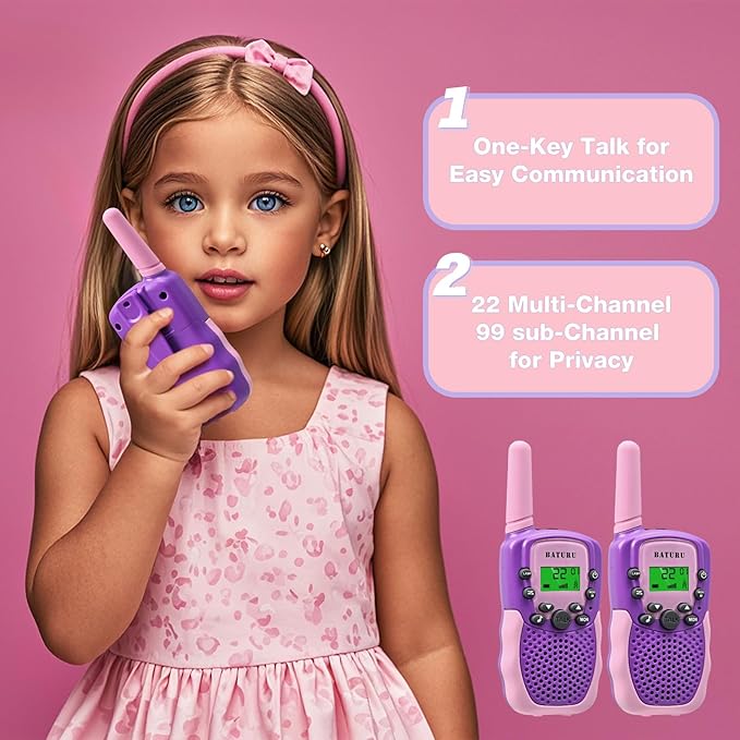 BATURU Walkie Talkies for Kids 2 Pack Purple, Girls Toys Age 6-8 8-10 Birthday Gifts, Indoor Play, Outdoor Camping & Hiking, Toddler Walkie Talkies Age 3-5, Easy to Use, 22 Channels, 3 Miles Range