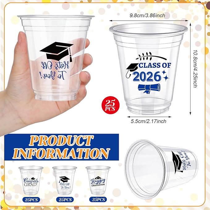 Eaasty 100 Pcs 12oz Graduation Cups 2026 Disposable Plastic Cups for Class of 2026 Graduation Party Congrats Grad Elegant Party Supplies Tableware Decorations (Blue)